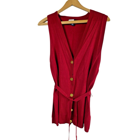 Sweater Vest Cardigan Button Up Red Tie Waist Soft Knit Coastal Preppy Large - Picture 1 of 9